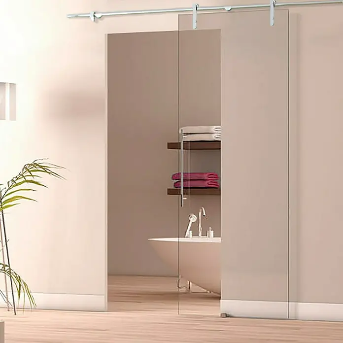 Puerta corredera de vidrio Himalaya Transparente - 75 x 210 cm, Vidrio templado - Diseño de baño con una moderna puerta corredera de cristal, que separa elegantemente el espacio manteniendo la vista a la bañera.