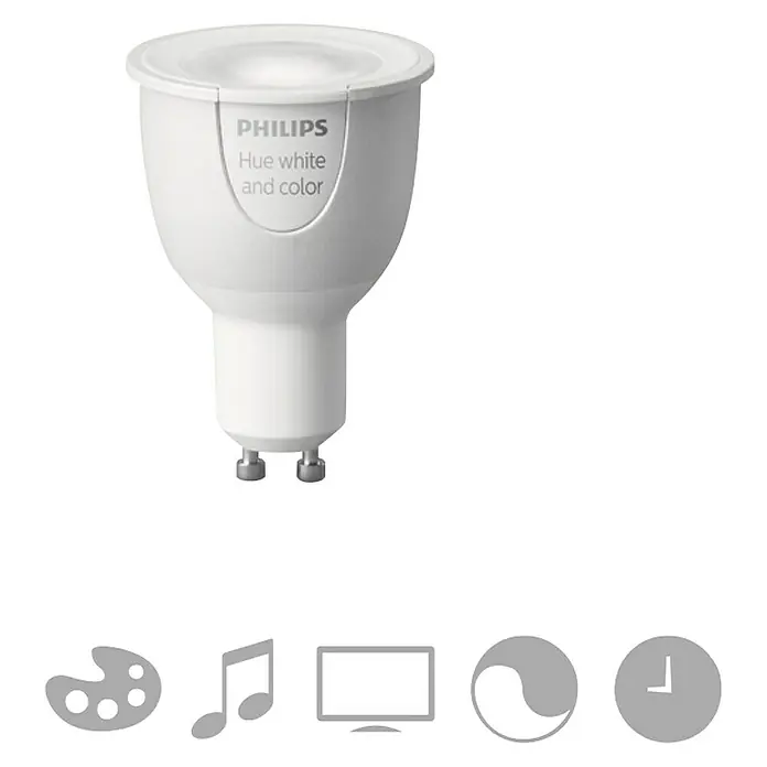 Philips Hue Bombilla LED - GU10, Intensidad regulable, RGBW, 230 lm, 6,5 W - Imagen de una bombilla Philips Hue White and Color, que ofrece iluminación inteligente con cambio de color y tonos blancos para un ambiente personalizable.