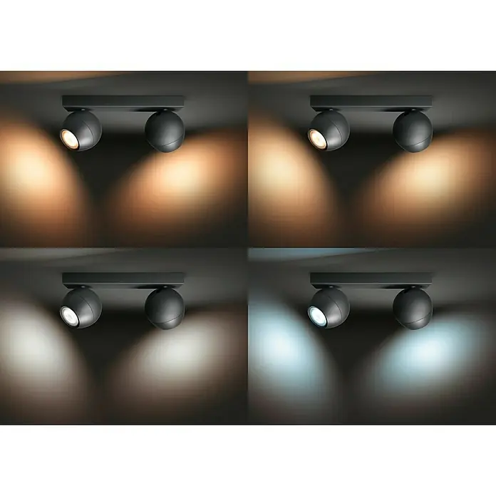Philips Hue Regleta LED Buckram - 11 W, L x An x Al: 8,2 x 25,2 x 10,3 cm, Negro, Multicolor, 2 ud. - Lámpara de techo con dos focos que muestran diferentes temperaturas de color, ideal para soluciones de iluminación versátiles.