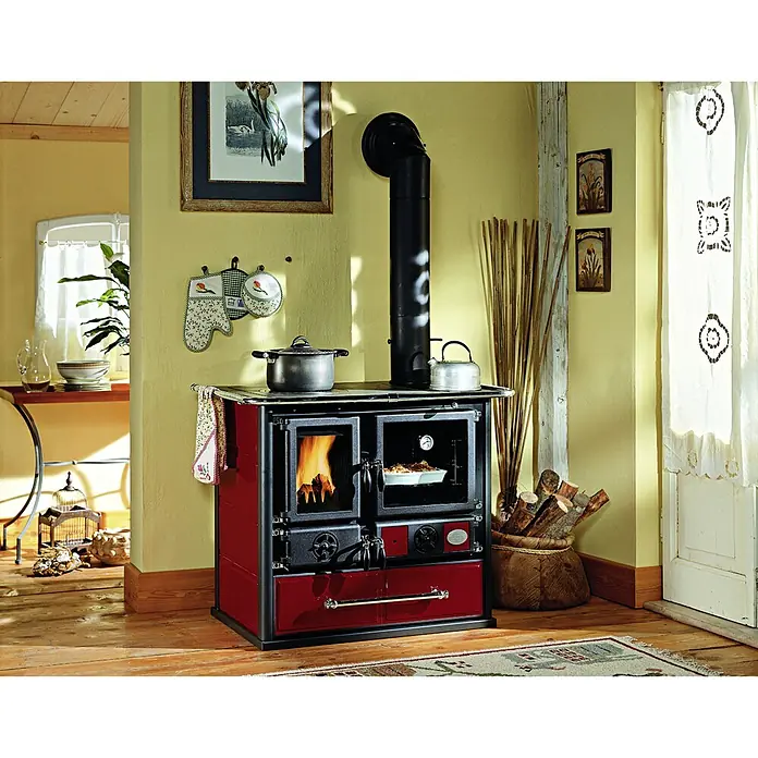 La Nordica Küchenherd Rosa - 6,5 kW, Raumheizvermögen: 185 m³, Mit Holzfach, Schwarz/Bordeaux - Roter Holzofen mit Kochfeld und Ofen, ein rustikales Highlight für jede Küche. Sorgt für Wärme und ist ideal zum Kochen und Backen.