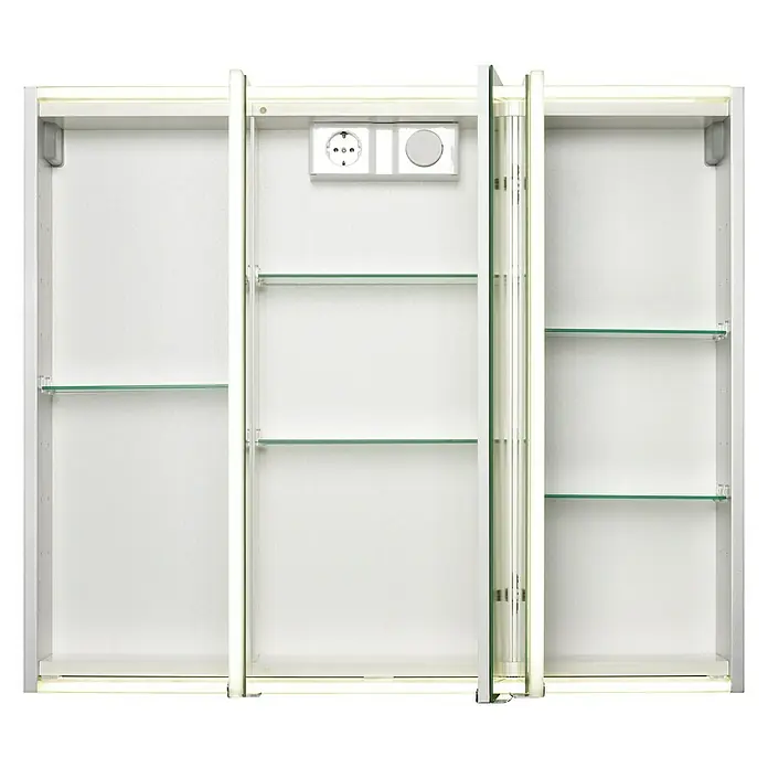 Riva LED-Spiegelschrank Faris - B x H: 83,5 x 70 cm, Holz, Aluminium - Das Bild zeigt einen beleuchteten Spiegelschrank mit Steckdose und Glasböden, der für Badezimmer konzipiert ist und Stauraum bietet.