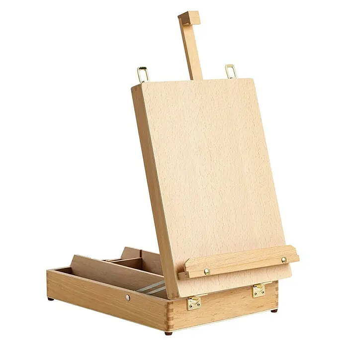 Staffelei Kasten-Tisch-Staffelei Liffey - Holz, B x H: 27 x 62 cm - Ein vielseitiges Staffelei-Set aus Holz, ideal für Künstler zum Malen und Zeichnen. Es bietet eine stabile Arbeitsfläche und Stauraum für Materialien.