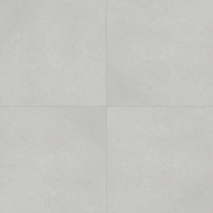 Vinylbodenmuster Isocore Inside Sardegna - 280 x 120 x 8 mm, Fliesenoptik - Helle, quadratische Bodenfliesen. Die Fliesen sind aus hellem, fast weißem Material gefertigt und durch Fugen getrennt. Die Oberfläche ist matt.