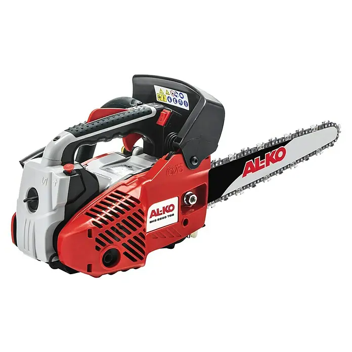 AL-KO Benzin-Kettensäge 2625 TSB - 900 W, 25,4 cm³, Schwertlänge: 25 cm - Eine AL-KO BKS 2625 TSB Kettensäge in Rot, Schwarz und Grau, ideal für Gartenarbeiten und Baumpflege.