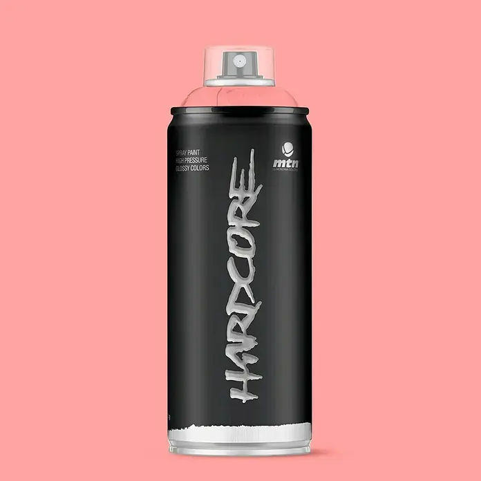 mtn Pintura decorativa en spray Hardcore - Flamingo, Brillante, 400 ml - Bote de spray negro MTN Hardcore con tapa rosa y letras plateadas "Hardcore", perfecto para grafitis y proyectos artísticos.
