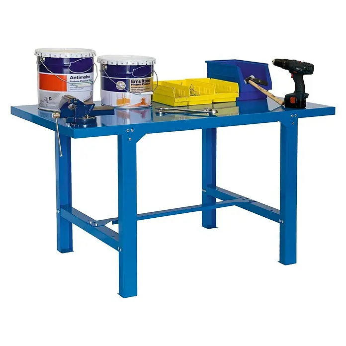 Simonrack Simonwork Banco de trabajo BT6 Metal - L x An: 73 x 150 cm, Altura de trabajo: 83 cm, Carga soportada: 600 kg, Azul - Banco de trabajo azul con herramientas y botes de pintura, ideal para cualquier taller.