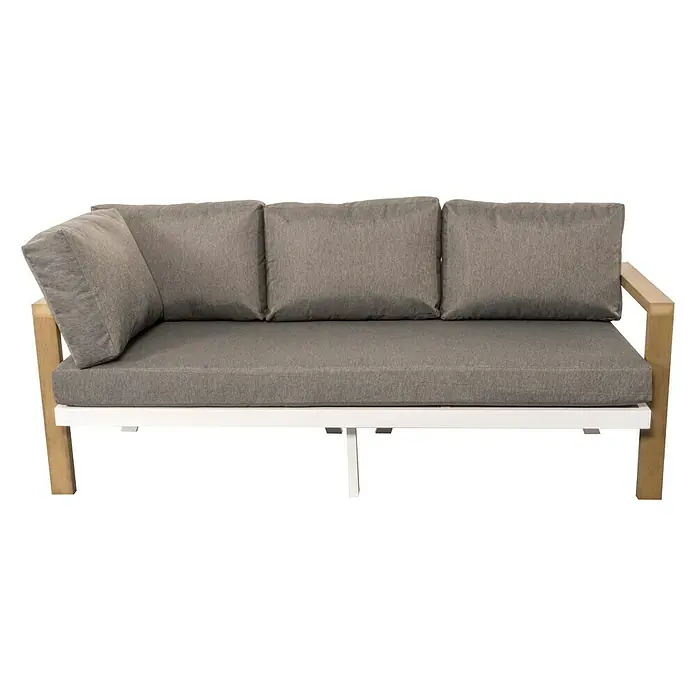Sunfun Conjunto de muebles Morgana - 4 pzs., Enviro Imitation Wood® / Aluminio, Marrón/Blanco - Imagen de un sofá gris para exteriores con estructura de madera y patas blancas.