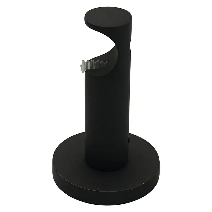 Expo Ambiente Träger Function - Eisenoptik-brush, Geeignet für: Gardinenstangen Ø 20 mm, 7,8 cm - Nahaufnahme einer schwarzen Gardinenstange, die an einer Wand montiert werden kann, mit einer Schraube zur Befestigung der Stange.