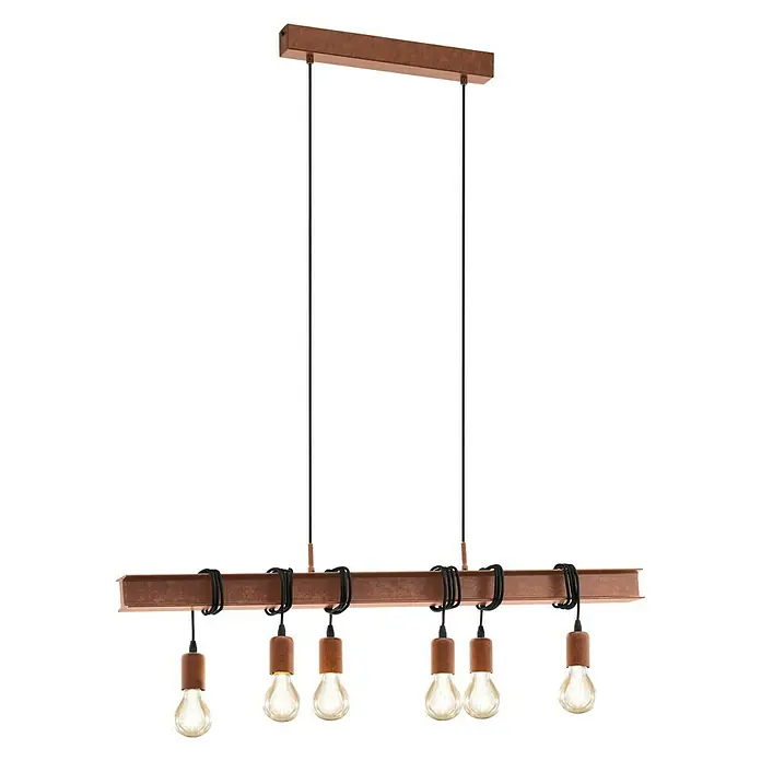 Eglo Townshend Pendelleuchte - B x H: 7 x 110 cm, Antik Braun, 360 W - Eine rustikale Hängelampe mit sechs Edison-Glühbirnen, die an einem braunen Balken befestigt sind, ideal für ein stilvolles Interieur.