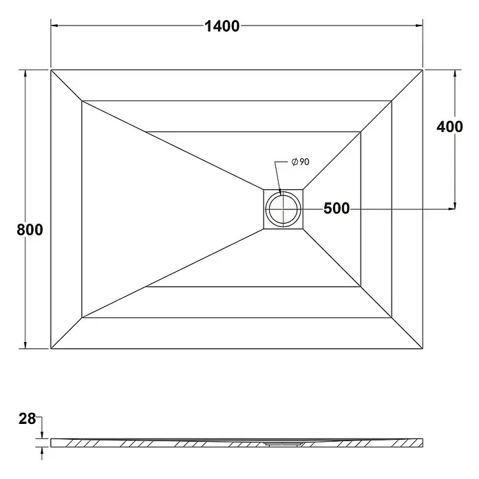 Ottofond Duschwanne Rosario - L x B: 140 x 80 cm, Weiß - Abbildung einer rechteckigen Duschwanne mit Abmessungen und Details zur Position des Ablaufs.