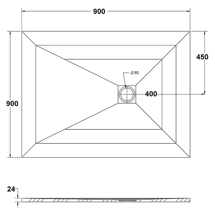 Ottofond Duschwanne Rosario - L x B: 90 x 90 cm, Verbundwerkstoff, Anthrazit - Detaillierte technische Zeichnung einer rechteckigen Duschwanne mit Abmessungen und Abflussdetails.