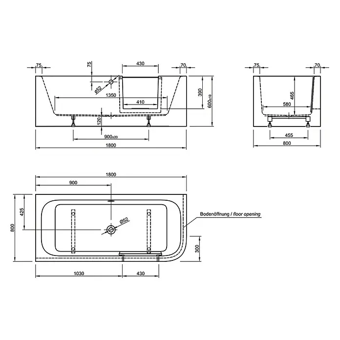 Ottofond Badewanne Pueblo - 180 x 80 cm, Sanitäracryl, Weiß, Rechts, Mit Ab- und Überlaufgarnitur - Technische Zeichnung einer Badewanne mit Maßen und Details zu Abfluss, Bodenöffnung und Gesamtstruktur.