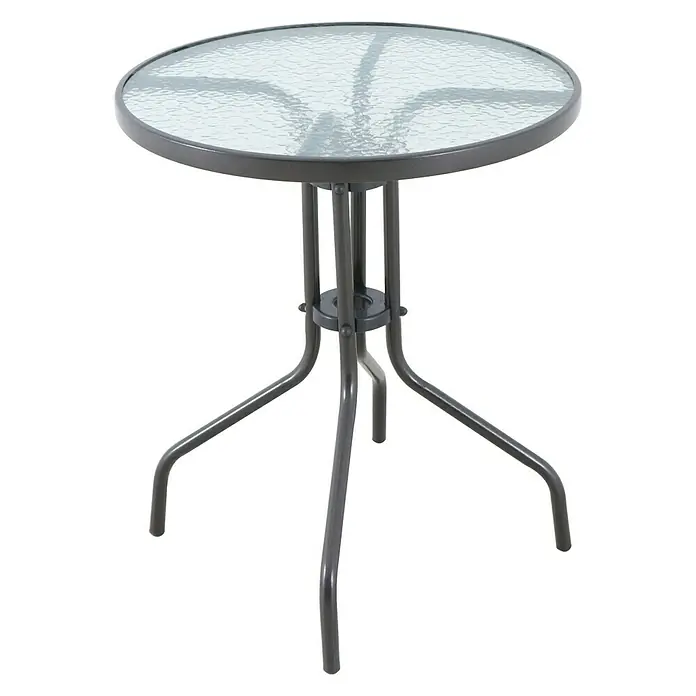 Sunfun Conjunto de muebles Maike - 3 pzs., Acero/Ratán sintético, Marrón - Mesa redonda de jardín con tapa de vidrio y estructura metálica gris. Ideal para balcón o terraza.