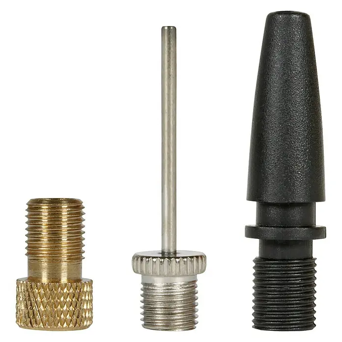 Einhell Power X-Change 18V Hybrid-Kompressor PressitoMax. Druck: 11 bar, 18 V, Ohne Akku - Das Bild zeigt ein Set von Fahrradpumpenadaptern in Gold, Silber und Schwarz, die für verschiedene Ventiltypen geeignet sind.