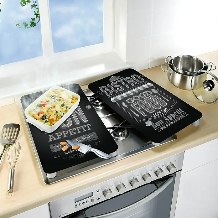Wenko Placa de protección de vidrio Bon appetit - L x An: 52 x 30 cm, Bon Appetit, Panel de vidrio de seguridad - Juego de placas para cubrir la vitrocerámica con diseños "Bon Appetit" y "Bistro Good Food", perfectas para cubrir y decorar la superficie.