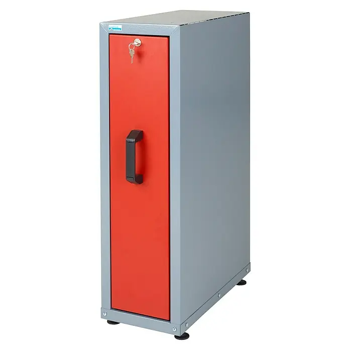 Küpper Einbauschrank - 47 x 23 x 80 cm - Schmaler grauer Aktenschrank mit roter Tür, schwarzem Griff und Schlüssel im Schloss.