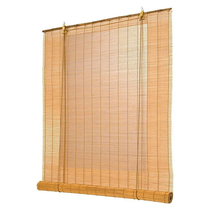 Estor enrollable Ocres - An x Al: 90 x 175 cm, Mango, Unicolor - Esta imagen muestra una persiana enrollable de bambú marrón claro, parcialmente enrollada, que cuelga de una barra. ¡Ideal para la privacidad!
