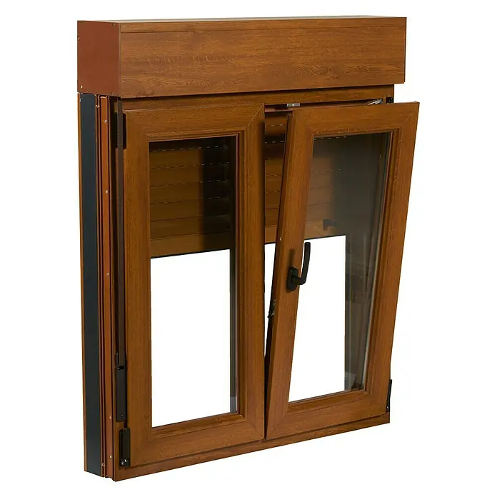 Solid Elements Ventana de PVC practicable-oscilobatiente - 120 x 118 cm, Derecha, Roble oscuro - Primer plano de una ventana marrón con persianas, parcialmente abierta, que revela los accesorios.