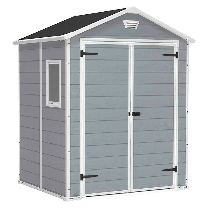 Keter Caseta de jardín Manor 65DD - Medidas ext. (An x Pr): 185 x 152 cm, Antracita/Blanco, Plástico, Área: 2,8 m² - Imagen de un cobertizo de jardín de plástico gris con techo negro y detalles blancos, ideal para almacenamiento exterior.