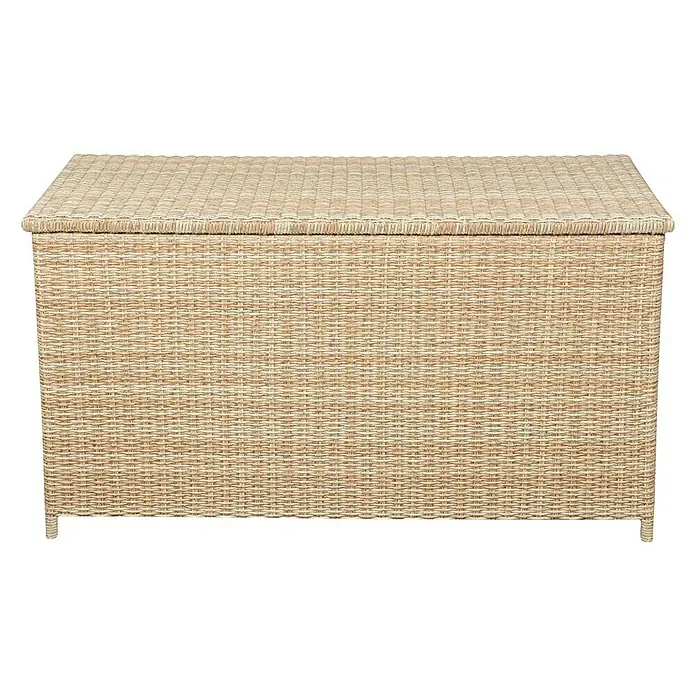 Baúl para jardín Gotland - 150 x 65 x 68 cm, Plástico, Arena - Imagen de una caja de almacenamiento rectangular de ratán color arena con tapa, ideal para interiores y exteriores.
