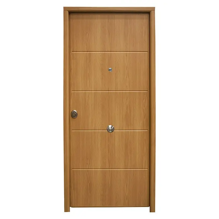 THT Puerta de entrada interior Sagacor Ranurado 1105 - 90 x 210 cm, Izquierda - Puerta de madera marrón con mirilla, pomo y manija, ofreciendo una entrada acogedora y segura.