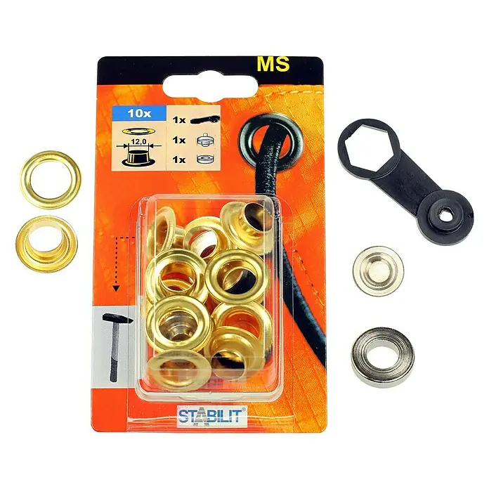 Stabilit ÖseDurchmesser: 12 mm, Vermessingt, 10 Stk. - Produktbild eines Sets mit 10 Ösen, Werkzeug und Unterlegscheiben von Stabilit. Ideal für DIY-Projekte und Reparaturen.