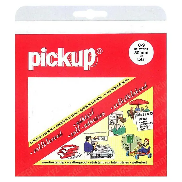 Pickup Aufkleber - Ziffern, Weiß, Höhe: 30 mm - Pickup 0-9 Helvetica selbstklebende Zahlenaufkleber, 30 mm, 96 Stück, komplett System, wetterfest.