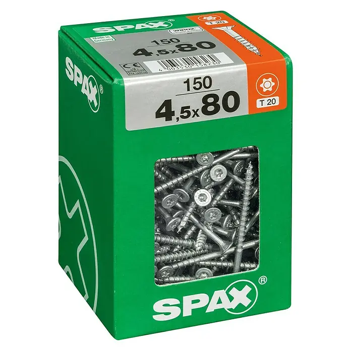 Spax Universalschraube T-Star plusØ x L: 4,5 x 80 mm, WIROX Oberfläche, T-Star plus, 150 Stk. - Eine grüne Spax-Schraubenbox, gefüllt mit 150 Stück 4,5x80 Schrauben, ideal für vielfältige Montagearbeiten.