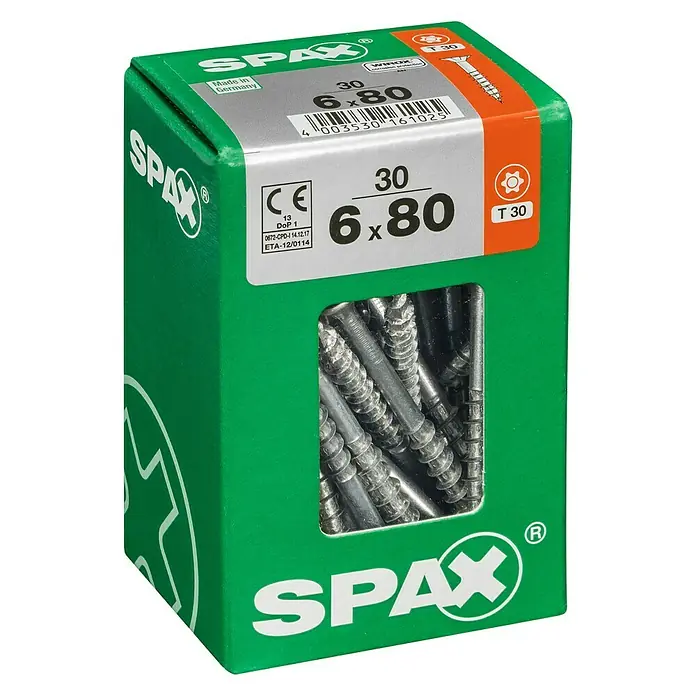 Spax Universalschraube T-Star plusØ x L: 6 x 80 mm, WIROX Oberfläche, T-Star plus, 30 Stk. - Eine grüne Schachtel SPAX Universalschrauben, 6 x 80 mm, mit Teilgewinde und T-30-Antrieb, ideal für diverse Holzbauprojekte.