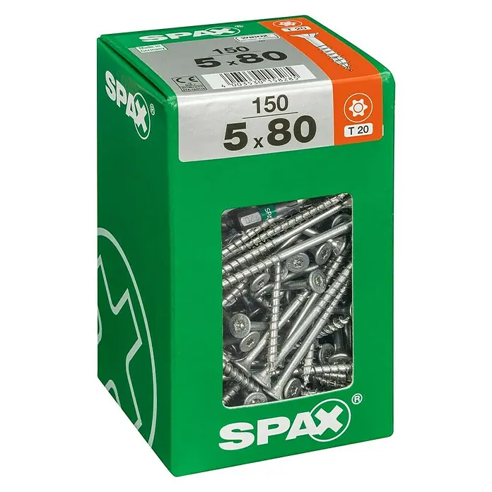 Spax T-Star plus Universalschraube T-Star plus - Ø x L: 5 x 80 mm, WIROX Oberfläche, T-Star plus, 150 Stk. - Abbildung einer grünen Spax-Schrauben-Box, die 150 Senkkopfschrauben mit den Maßen 5 x 80 mm und T20-Antrieb enthält.