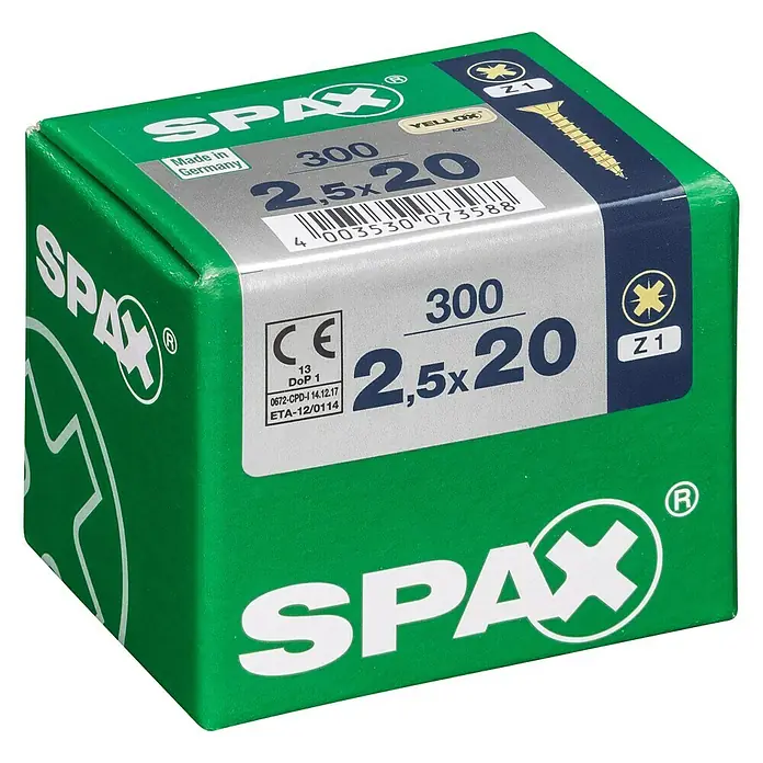 Spax Universalschraube - 2,5 x 20 mm, Vollgewinde, 300 Stk. - Eine grüne Packung SPAX Schrauben, Größe 2,5x20, mit gelben Schrauben abgebildet, ideal für vielfältige Anwendungen.