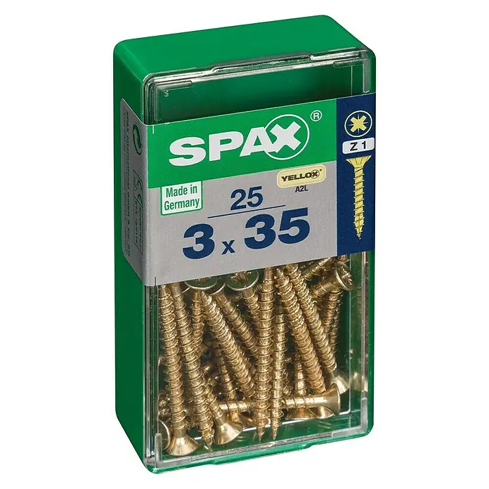 Spax Universalschraube - 3 x 35 mm, Vollgewinde, 25 Stk. - Dose Spax-Universalschrauben 3 x 35 mm, gelb verzinkt, mit Senkkopf, Teilgewinde und Kreuzschlitz Z. Ideal für Holzkonstruktionen.