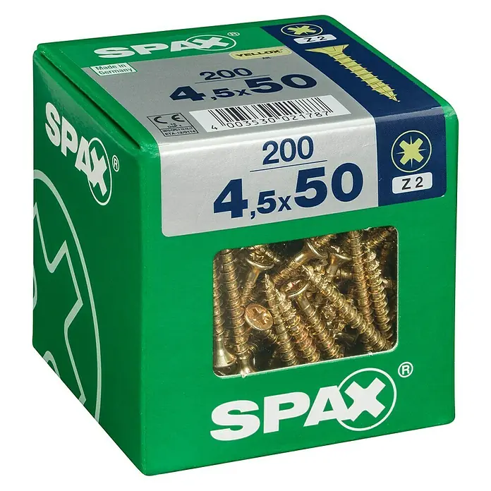 Spax Universalschraube - 4,5 x 50 mm, Vollgewinde, 200 Stk. - Eine grüne Verpackung Spax Schrauben, Größe 4,5x50, mit einem Sichtfenster, das die goldenen Schrauben im Inneren zeigt.