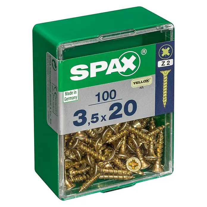 Spax Universalschraube - 3,5 x 20 mm, Vollgewinde, 100 Stk. - Ein grüner Behälter mit 100 gelben Spax Schrauben, Größe 3,5 x 20, perfekt für diverse Befestigungsarbeiten.