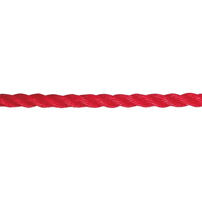 Stabilit PP-Seil Meterware - Durchmesser: 14 mm, Polypropylen, Rot, 3-schäftig gedreht - Nahaufnahme eines roten, gedrehten Polypropylen-Seils, das für verschiedene Anwendungen geeignet ist.