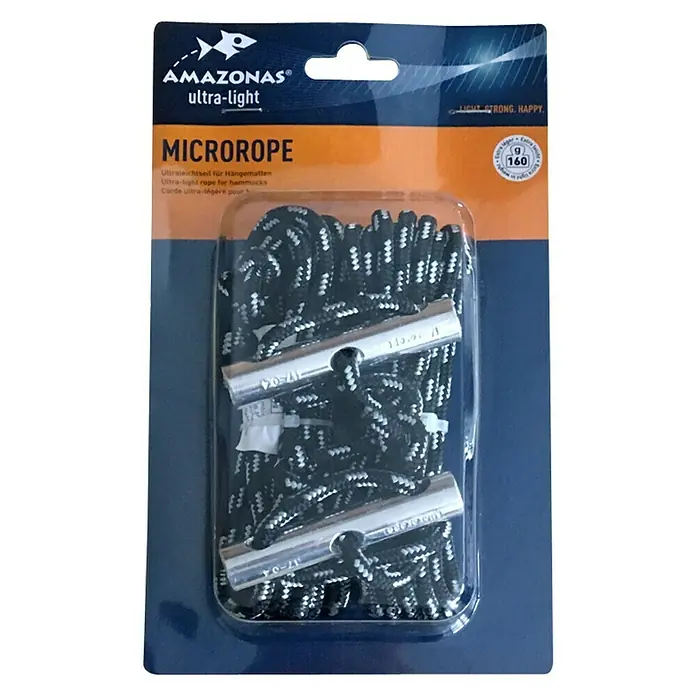 Amazonas Befestigungsseil Microrope - Belastbarkeit: 150 kg - Eine Packung Amazonas Microrope ultraleichtes Hängemattenseil mit zwei Knebeln, ideal für Outdoor-Abenteuer und entspanntes Abhängen.