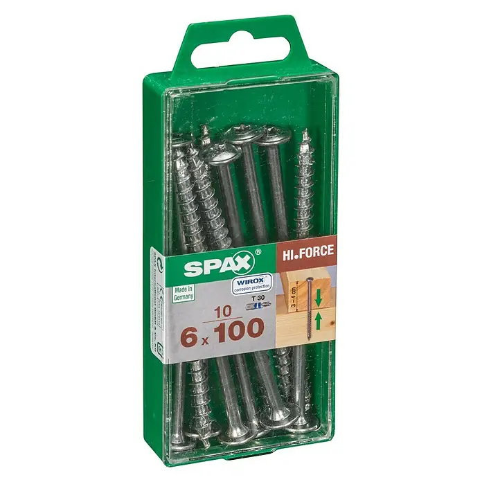 Spax HI FORCE Tellerkopfschraube HI.FORCE - Ø x L: 6 x 100 mm, WIROX Oberfläche, T-Star plus, 10 Stk. - Eine grüne Packung mit 10 Spax Hi-Force Schrauben, Größe 6 x 100 mm, ideal für robuste Holzverbindungen und Bauprojekte.