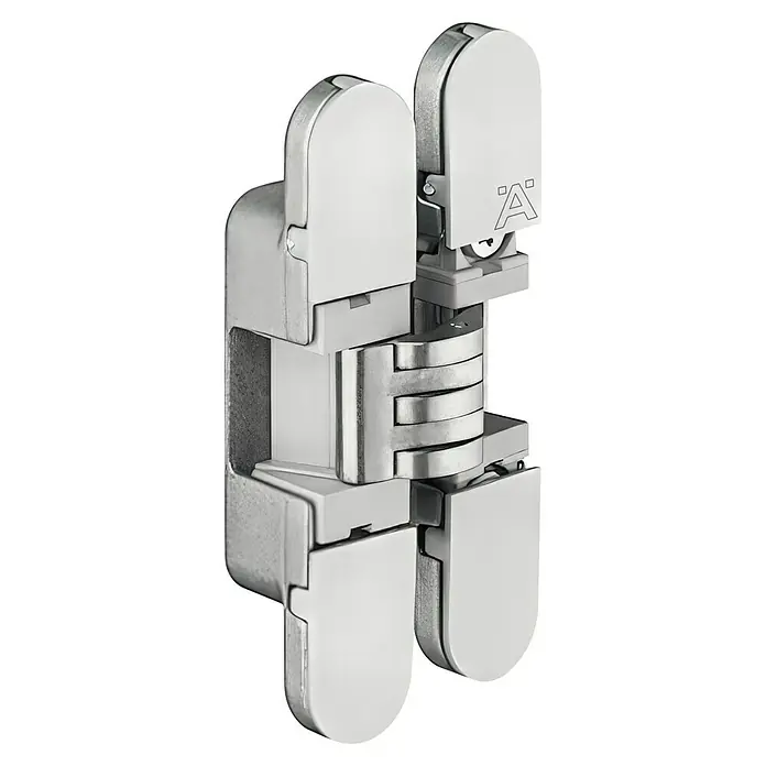 Stabilit Bisagra - L x An: 72 x 14 mm, Cromado/Gris - Una bisagra de puerta oculta de alta calidad hecha de metal pulido, que combina funcionalidad con un diseño moderno. Perfecto para puertas interiores elegantes.