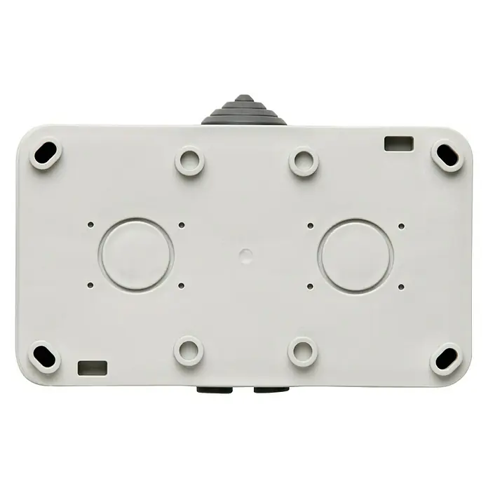 Voltomat Blueline Feuchtraum-Steckdose - 2-fach, Horizontal, IP54, Grau - Unteransicht einer weißen elektronischen Steuerbox mit mehreren Befestigungslöchern und einer grauen Turmspitze oben.