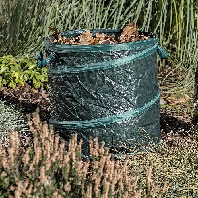 Gardol Saco para desechos de jardín - 80 l, Altura: 48 cm, Diámetro: 46 cm - Saco de jardín lleno de hojas. El saco de hojas está hecho de material robusto y repelente al agua y tiene asas de transporte reforzadas para facilitar su transporte.