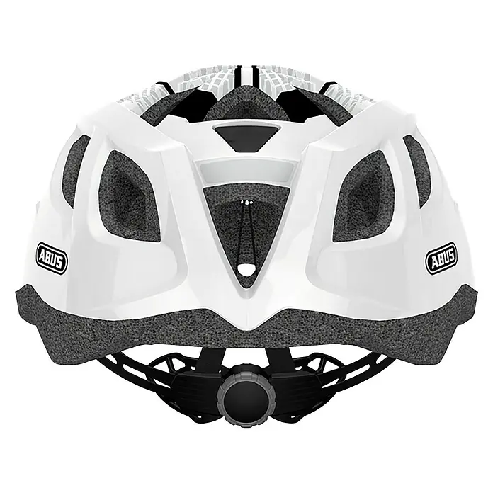 Abus Fahrradhelm SportGröße: M 54 - 58 cm, Weiß - Rückansicht eines weißen ABUS Fahrradhelms mit mehreren Lüftungsöffnungen und einem Verstellrad zur Größenanpassung für optimalen Komfort.