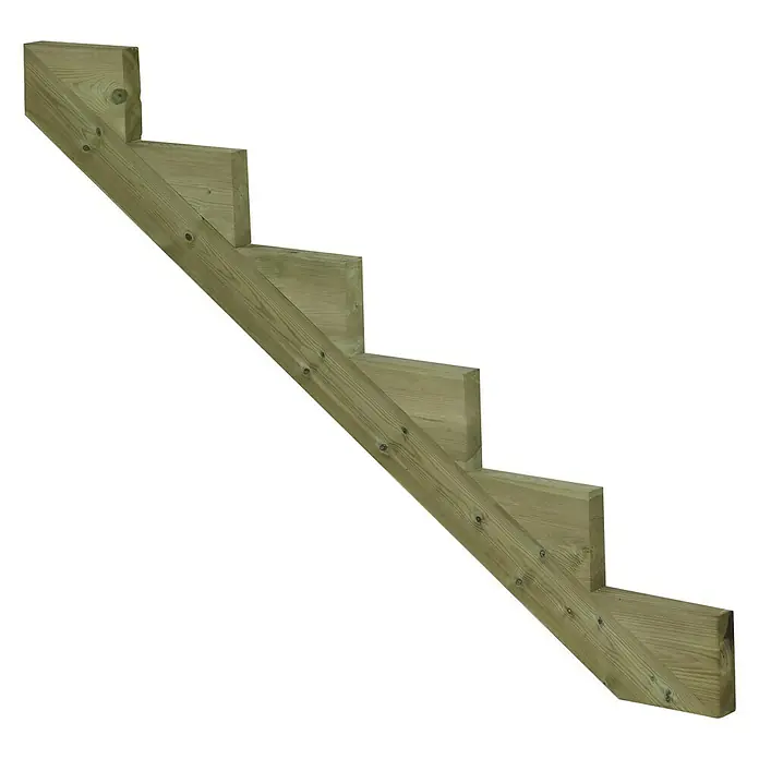 Plus Treppenwange 6-stufig - 150 x 4 x 102 cm - Eine Holztreppe mit fünf Stufen, ideal für den Außenbereich oder als dekoratives Element im Garten. Die Treppe ist aus hellem Holz gefertigt.