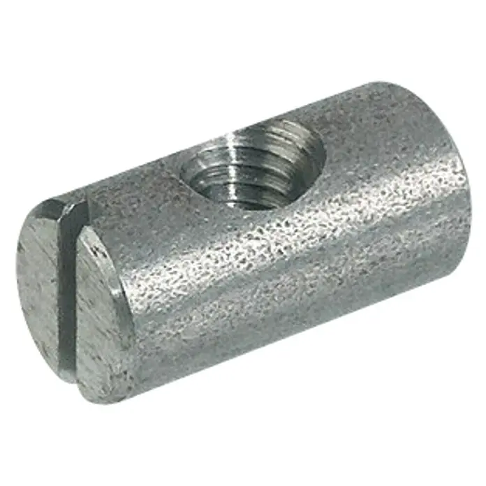 Häfele Perno de tuerca transversal - Ø x L: 10 x 20 mm - Una tuerca de ranura en T metálica con una rosca en el centro y una ranura en el lateral.