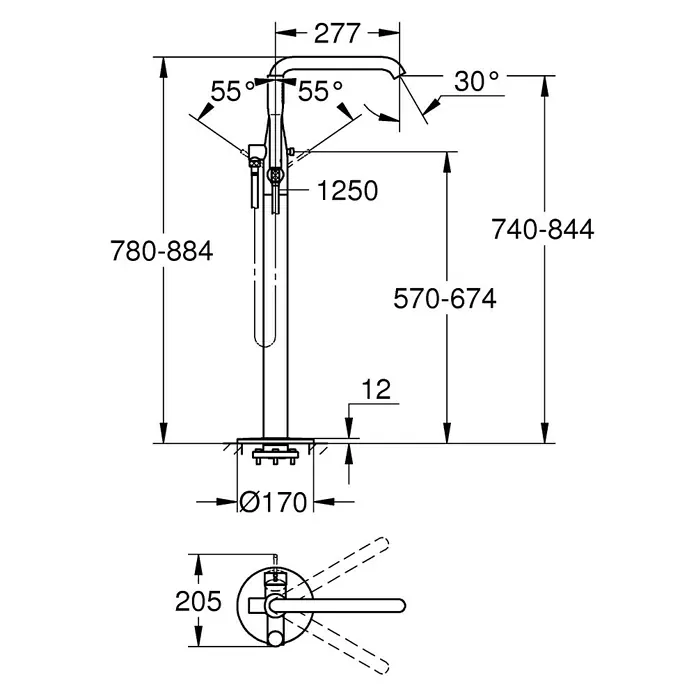Grohe Essence Badewannenstandarmatur - Höhe: 88,4 cm, Chrom, Glänzend - Technische Zeichnung eines freistehenden Wasserhahns mit Maßangaben zu Höhe, Ausladung und Durchmesser.