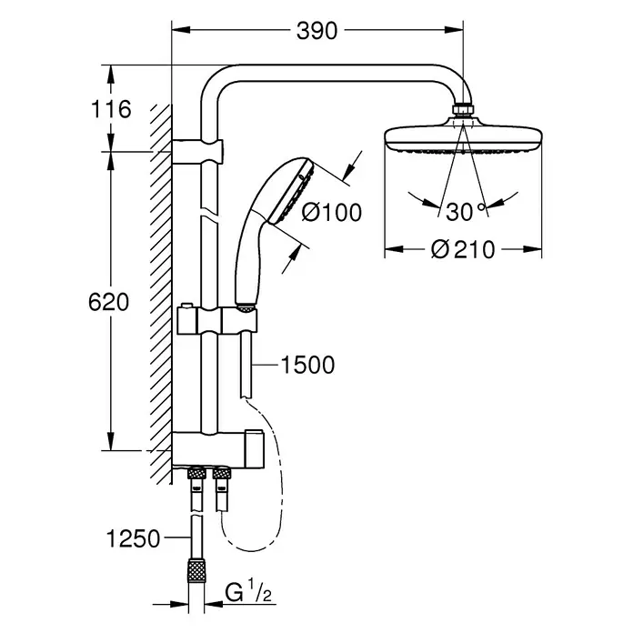 Grohe Tempesta 210 Duschsystem - Mit Umsteller, Lochabstand: 62 cm, Anzahl Strahlarten: 2 Stk., Chrom - Schema der Duscharmatur mit Handbrause und Kopfbrause mit Maßangaben zu Durchmesser, Höhe und Ausladung.
