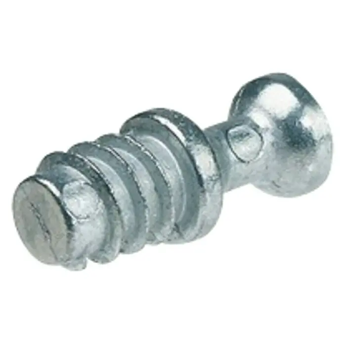 Häfele Tornillo de unión - Largo: 16,5 mm - Primer plano de un conector excéntrico de metal con rosca y cabeza redondeada, ideal para el montaje de muebles.