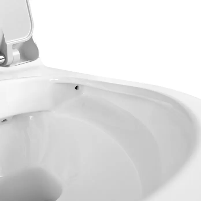 Temtasi Wand-Dusch-WC Mineral - Spülrandlos, Ohne Spezialglasur, Spülform: Tief, WC Abgang: Waagerecht, Weiß - Nahaufnahme einer weißen Keramiktoilette mit geöffnetem Deckel, die die glatte Oberfläche und das moderne Design hervorhebt.