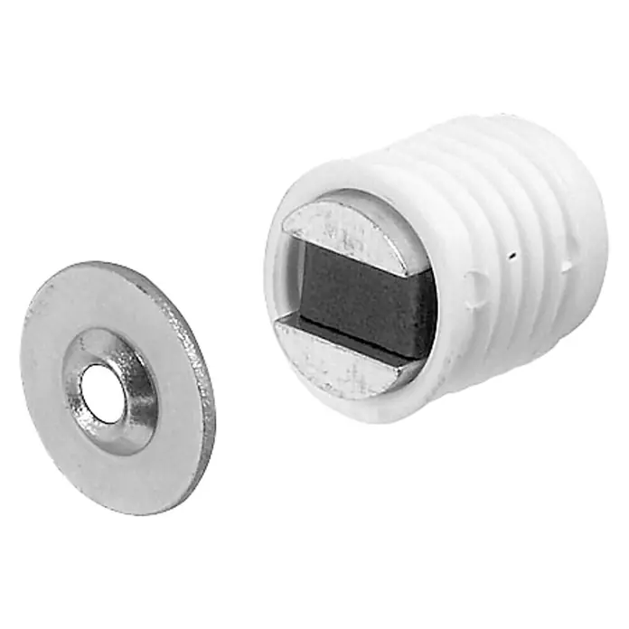 Stabilit Magnetverschluss - Haftkraft: 3,5 kg, Durchmesser Kopf: 14,5 mm, Weiß - Magnetischer Türverschluss mit weißem Gehäuse und Metallplatte, ideal für Schränke und Schubladen.