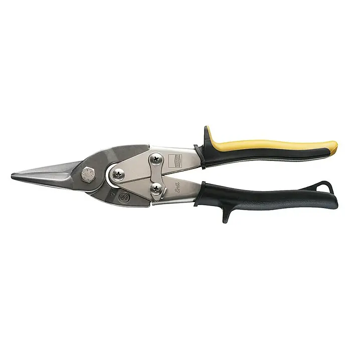 Wisent Tijeras para chapa - Largo: 240 mm, Acero, Recto - En la imagen, una cizalla para chapa BESSEY con mangos amarillos y negros y una cabeza de corte plateada para cortes precisos en metal.