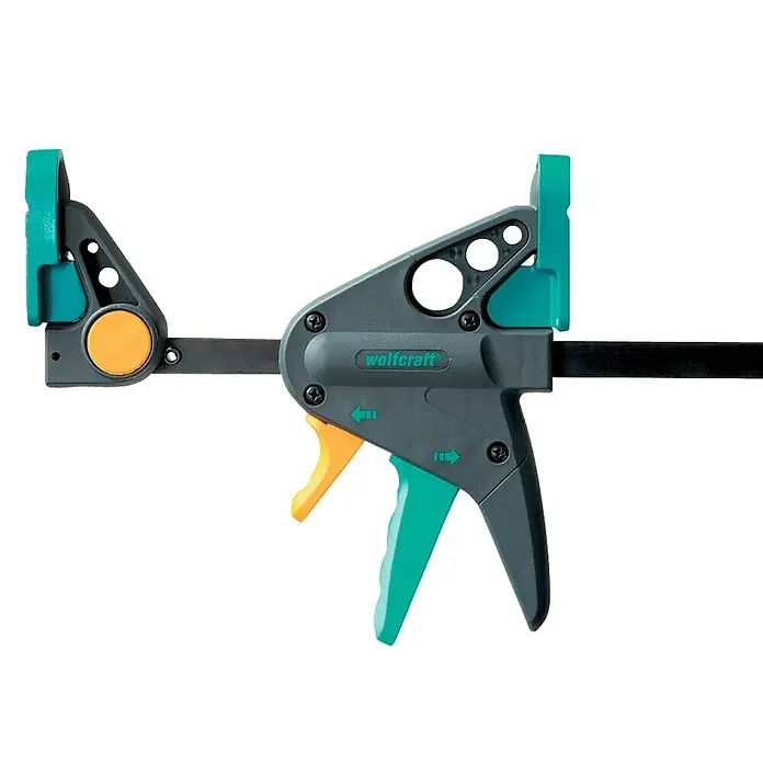 Wolfcraft Tornillo de apriete monomanual EHZ PRO - Anchura de sujeción: 150 mm, Fuerza de tensión: 900 N, Apertura máxima: 65 mm - Sargento monomanual Wolfcraft con mango gris, gatillo amarillo y extremos turquesa. Ideal para una fijación rápida y sencilla.